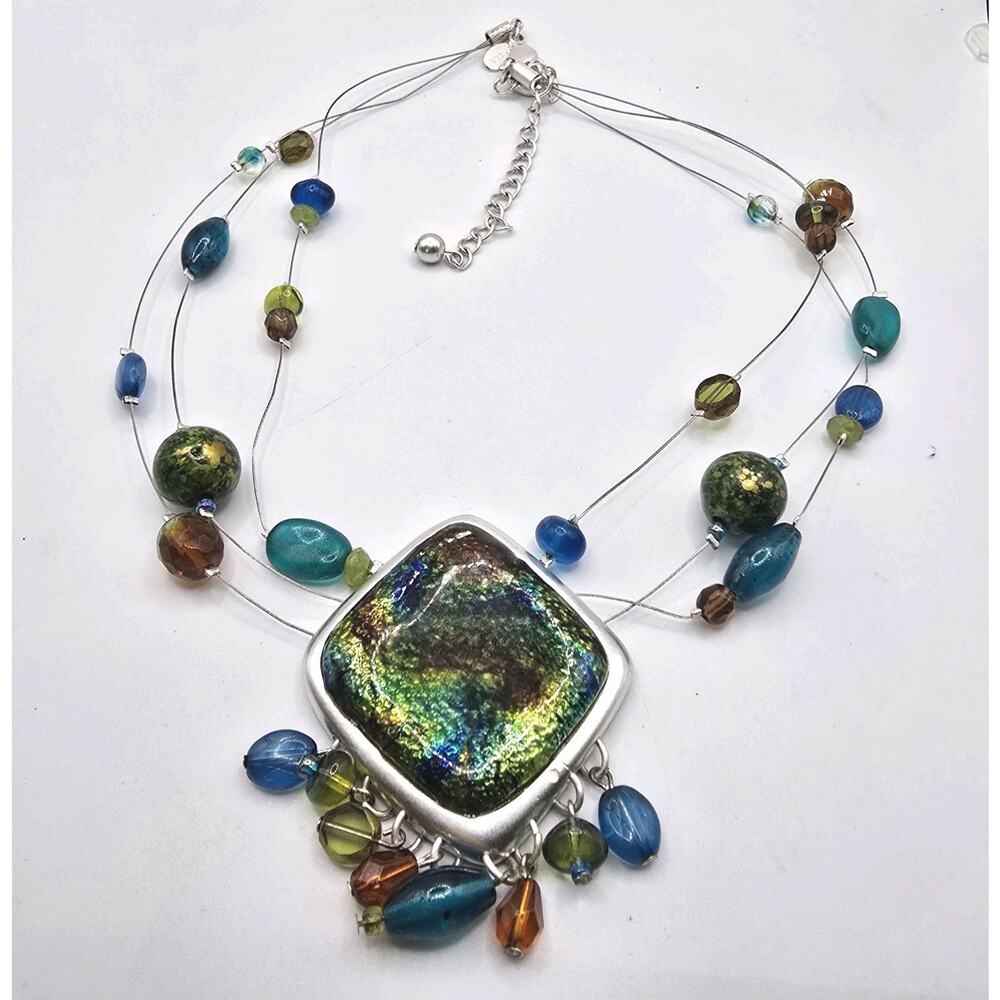 Chico's Necklace Vibrant Green Blue Brown Station 16" 18" Silver Tone SKU 3229